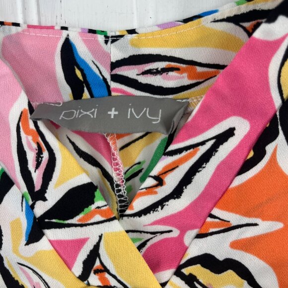 Pixi + Ivy Womens sz 1X Colorful Leaf Print Short Sleeve Blouse - Picture 2 of 5